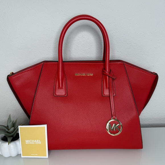 Michael Kors Avril Large Top Zip Satchel Shoulder Leather Bag Red Flame - Picture 1 of 11
